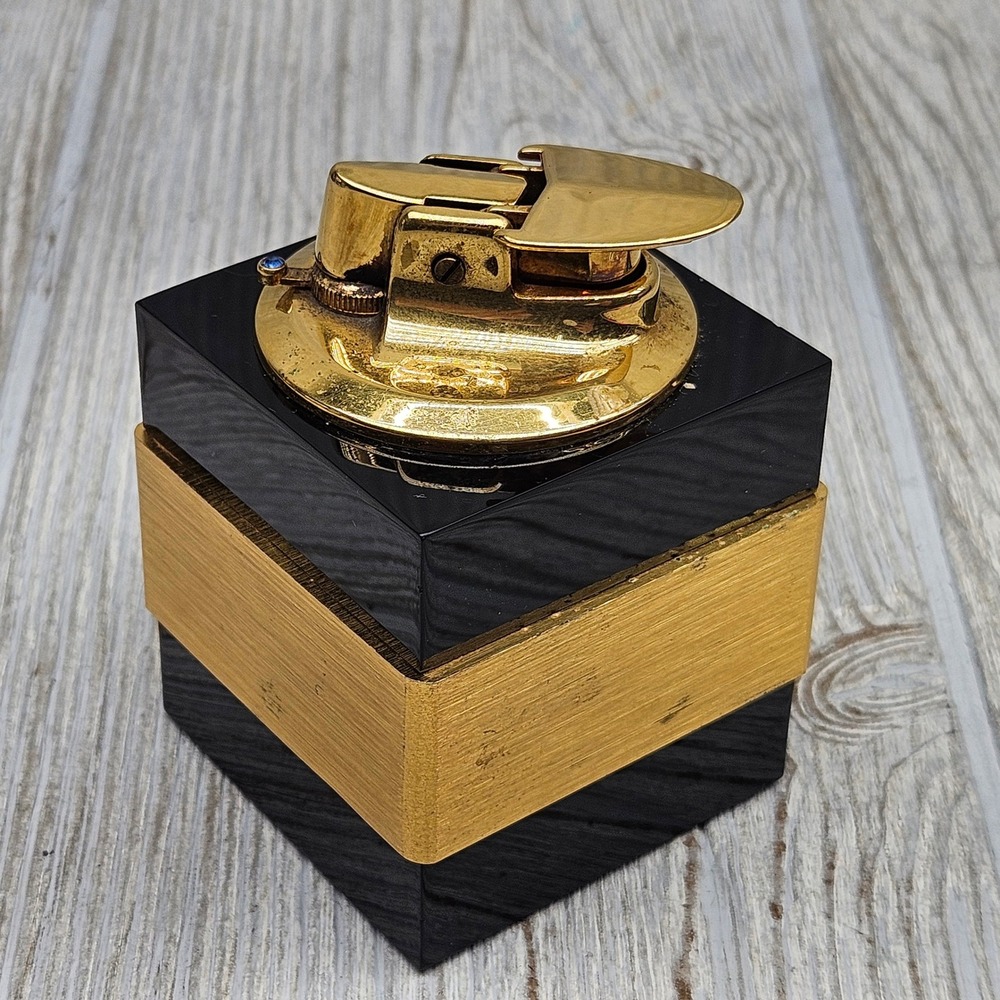 Vintage Ronson The West Pointer Table Lighter Black Gold Cube Mid Century Modern